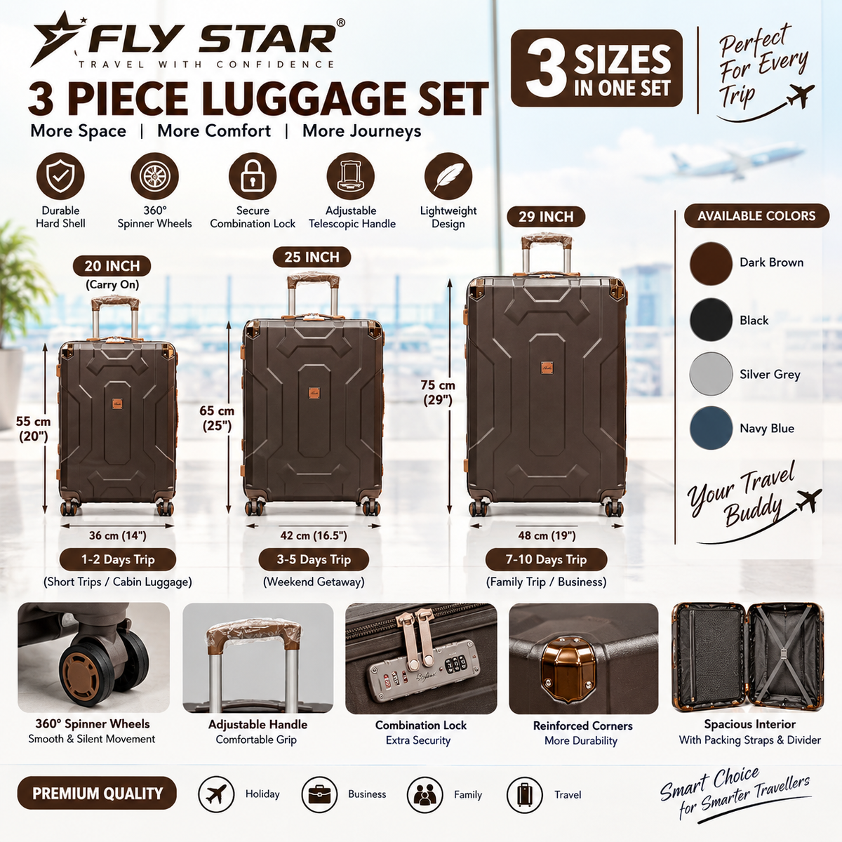 3-Piece Luggage Set | 20", 25" & 29" Travel Suitcase Set
