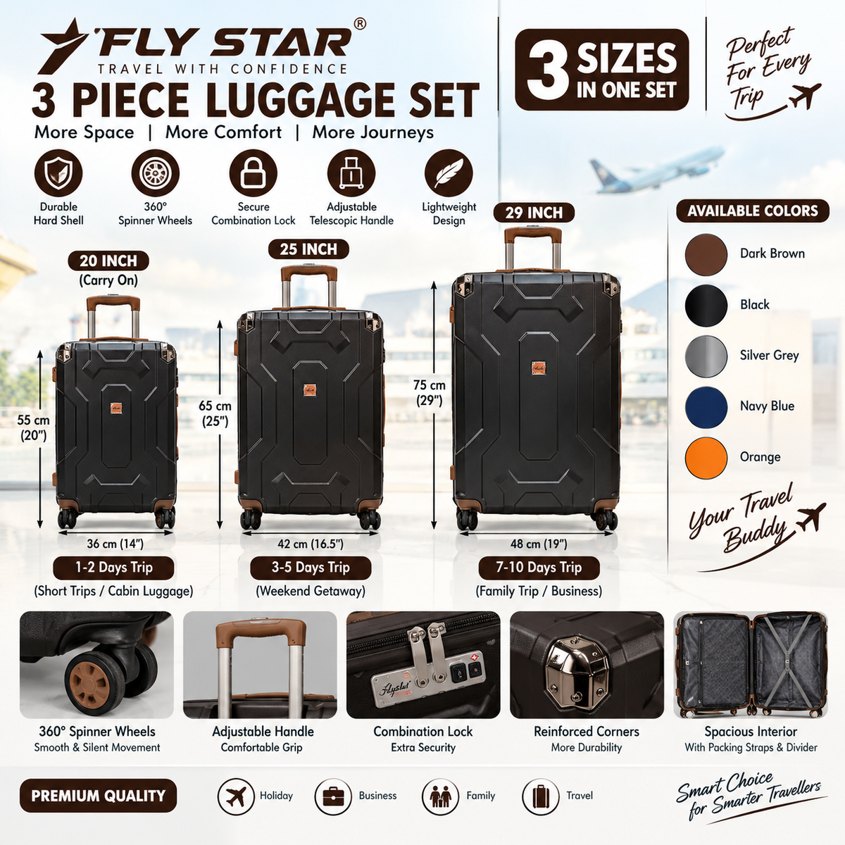 3-Piece Luggage Set | 20", 25" & 29" Travel Suitcase Set