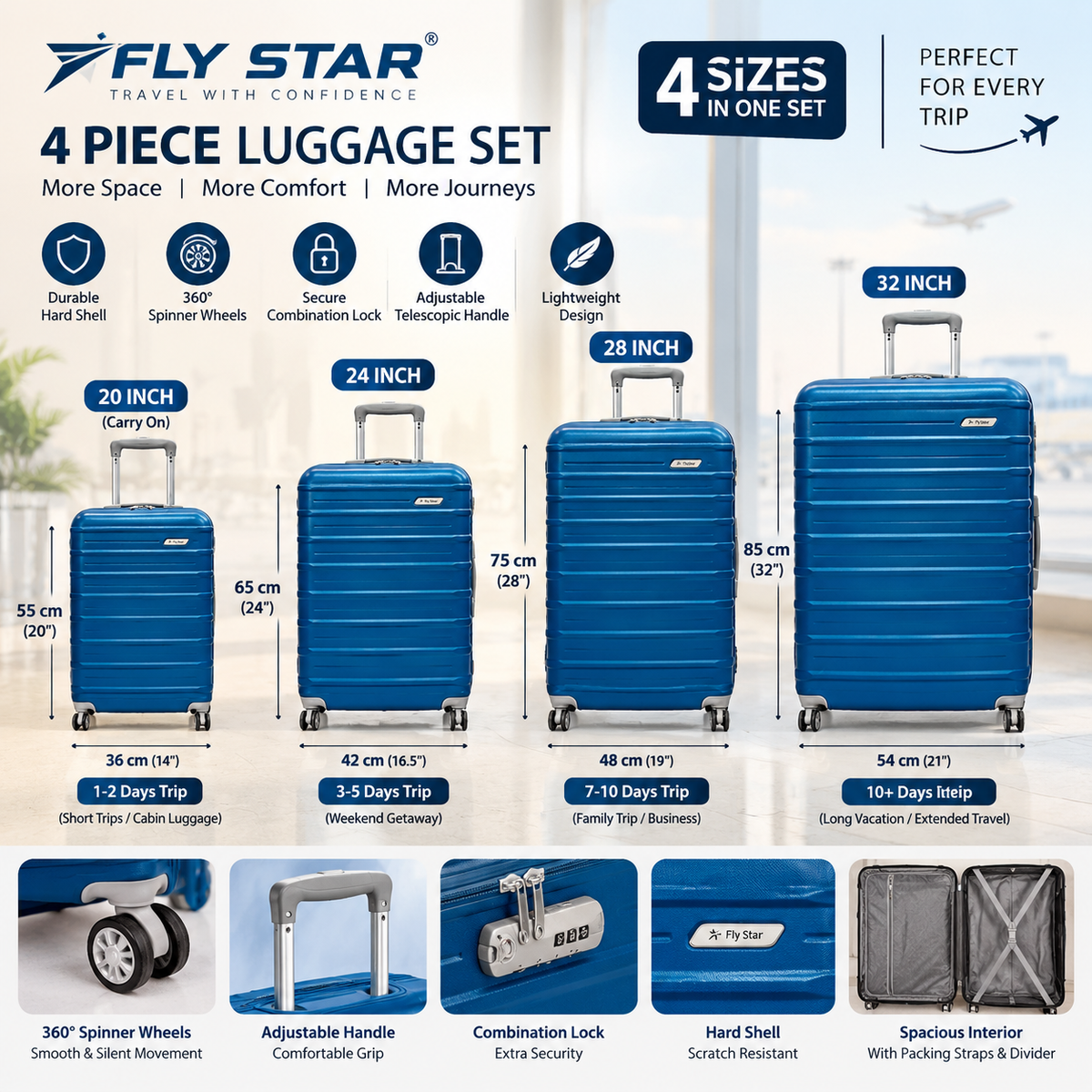 Fly Star 4-Piece Luggage Set | 20", 24", 28" & 32" Travel Suitcase Set