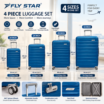 Fly Star 4-Piece Luggage Set | 20", 24", 28" & 32" Travel Suitcase Set