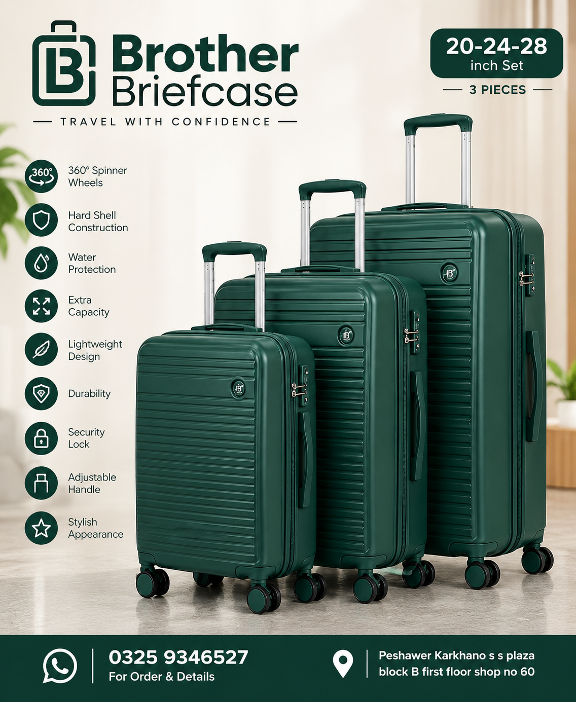 Brother Briefcase Premium 3-Piece Luggage Set – 20, 24 & 28 Inch