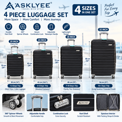 Fly Star 4-Piece Luggage Set | 20", 24", 28" & 32" Travel Suitcase Set