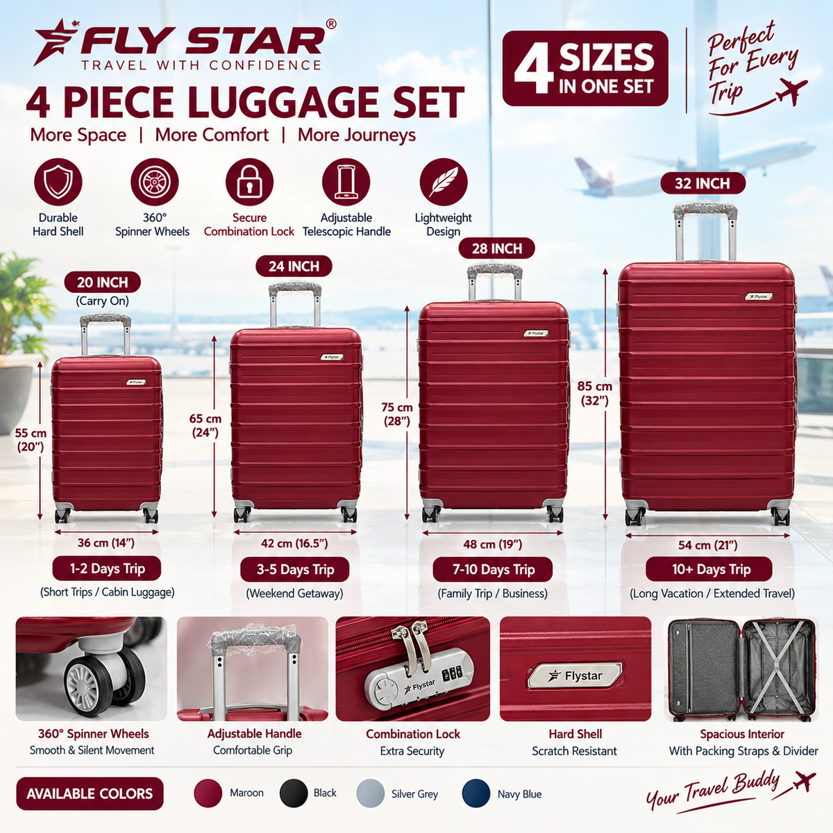 Fly Star 4-Piece Luggage Set | 20", 24", 28" & 32" Travel Suitcase Set