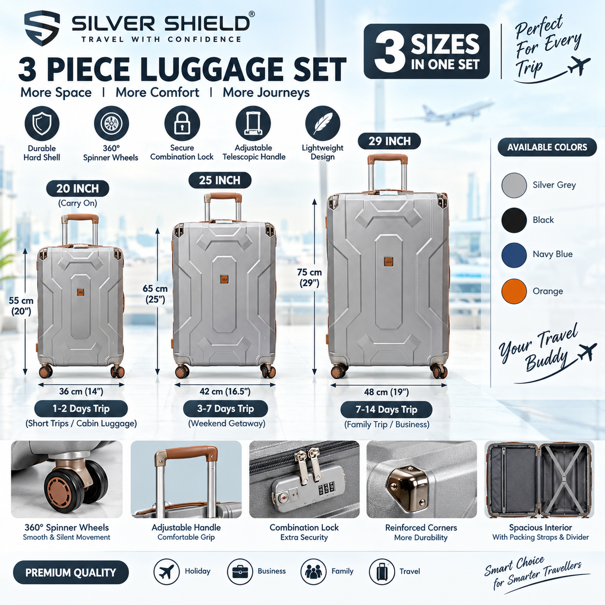 3-Piece Luggage Set | 20", 25" & 29" Travel Suitcase Set