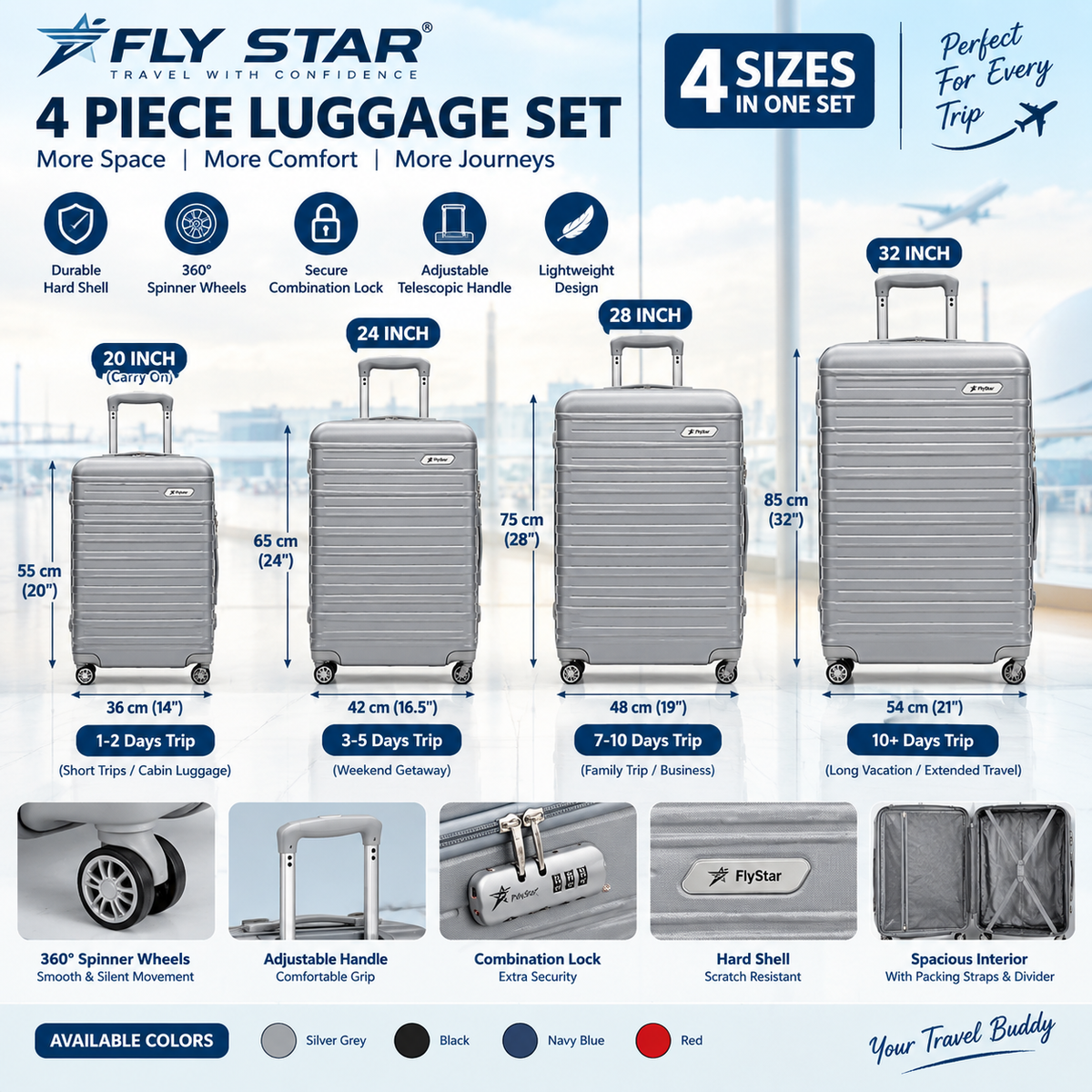Fly Star 4-Piece Luggage Set | 20", 24", 28" & 32" Travel Suitcase Set