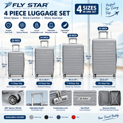 Fly Star 4-Piece Luggage Set | 20", 24", 28" & 32" Travel Suitcase Set