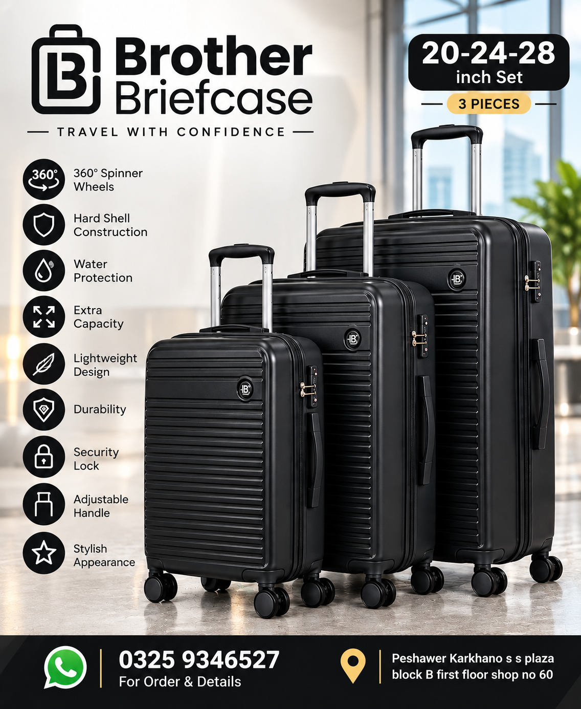 Brother Briefcase Premium 3-Piece Luggage Set – 20, 24 & 28 Inch
